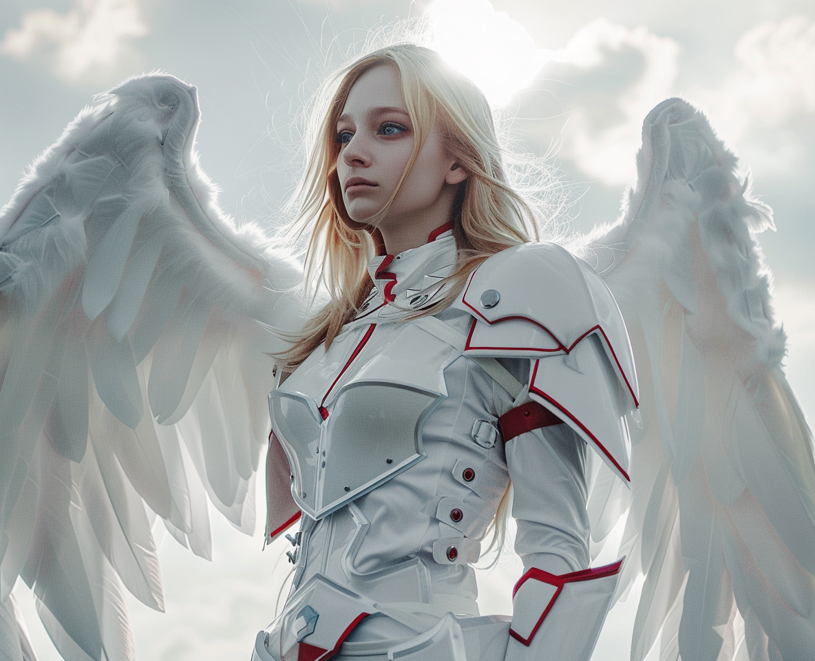 A beautiful blonde angel in white armor.