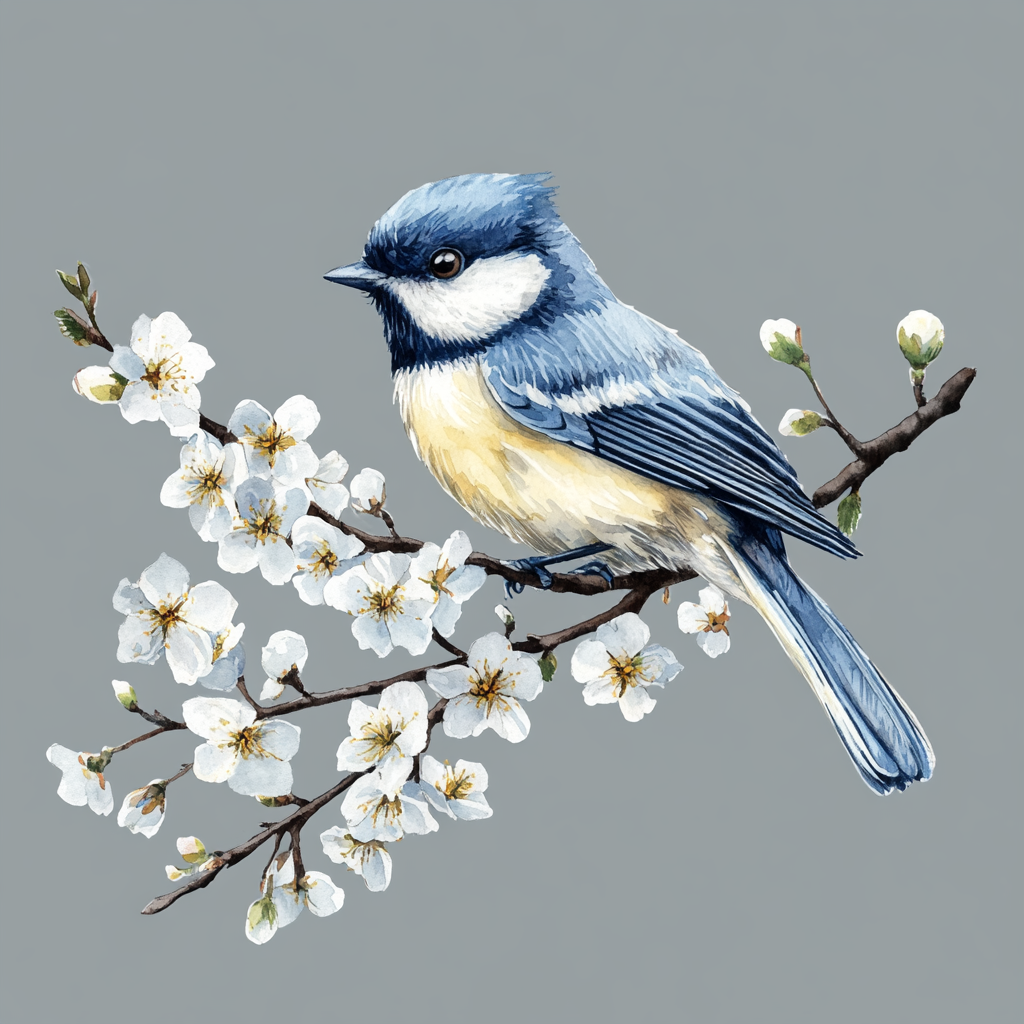 A beautiful blue bird on a blooming branch