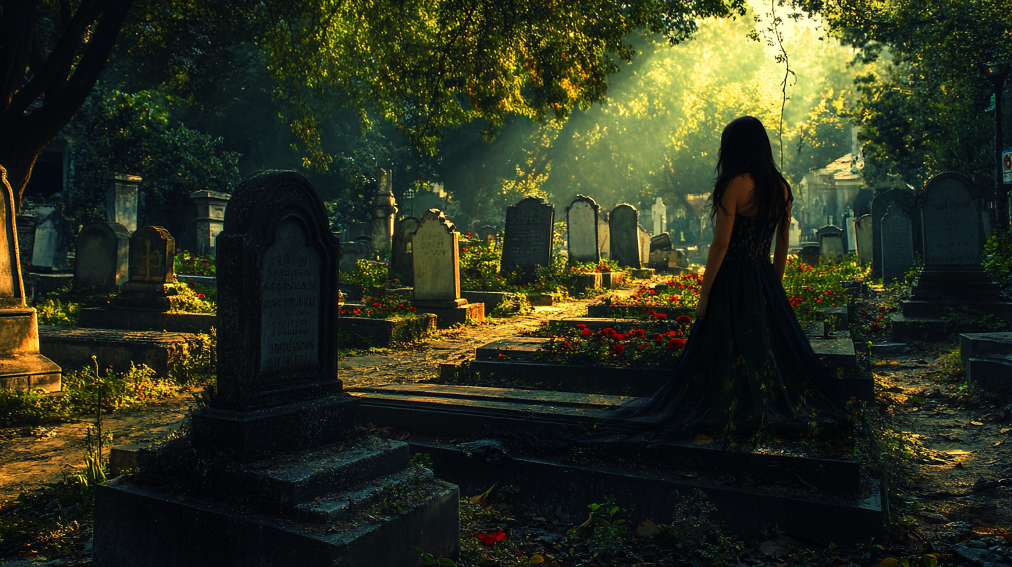 A beautiful brunette near a grave in a cemetery