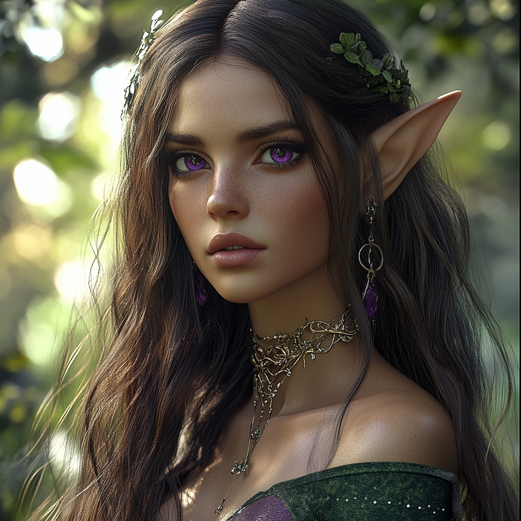 A beautiful elf woman in a forest.