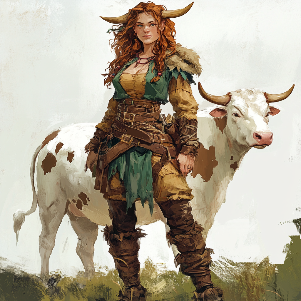 A beautiful female Firbolg barbarian in cow print.