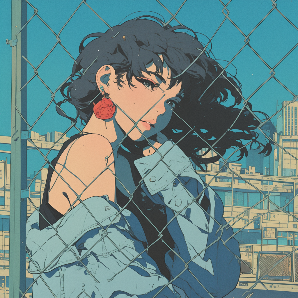 A beautiful girl in retro anime city.