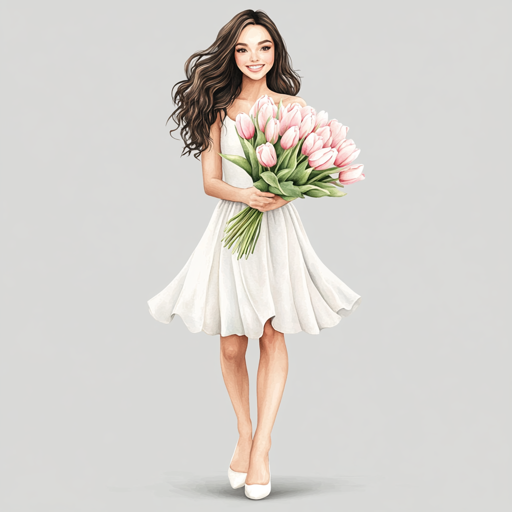 A beautiful girl in white dress holding tulips