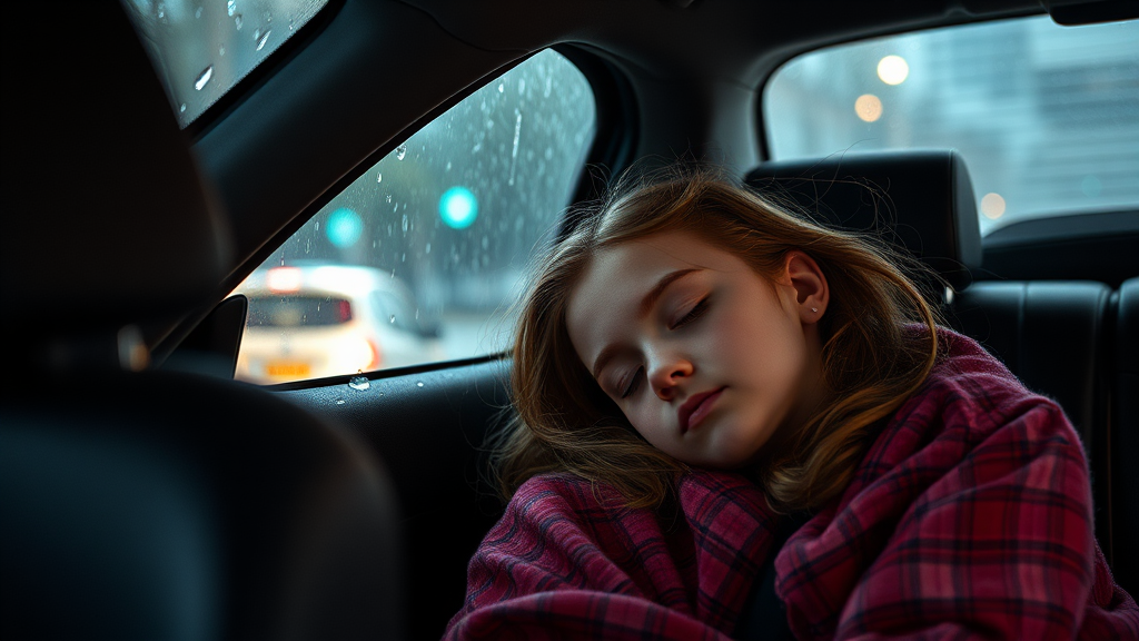 A beautiful girl sleeping in the rainy car.