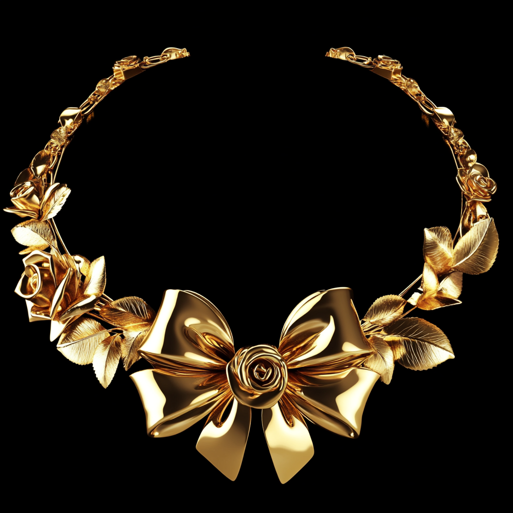 A beautiful gold jewelry necklace with flowers and bow.