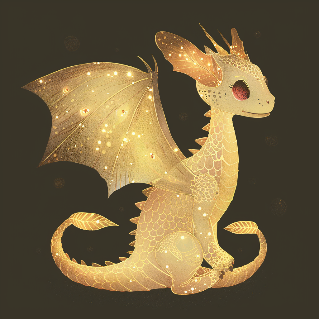 A beautiful golden dragon with glowing wings and ruby eyes.