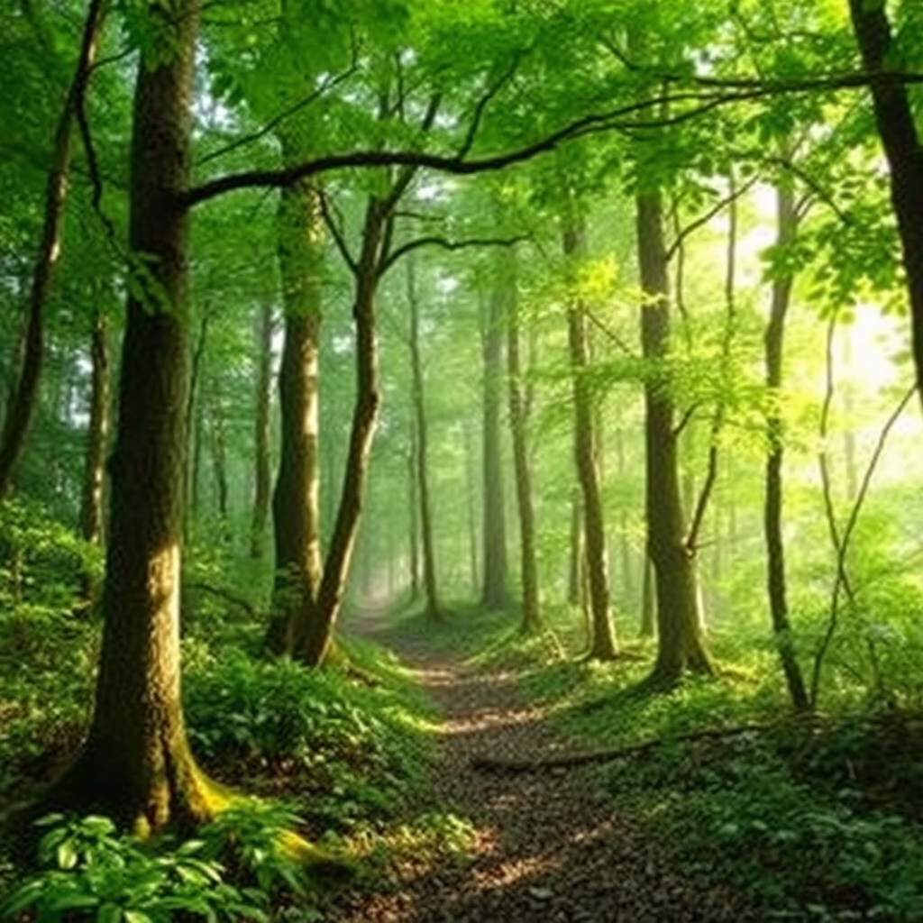 A beautiful green forest with tall trees.