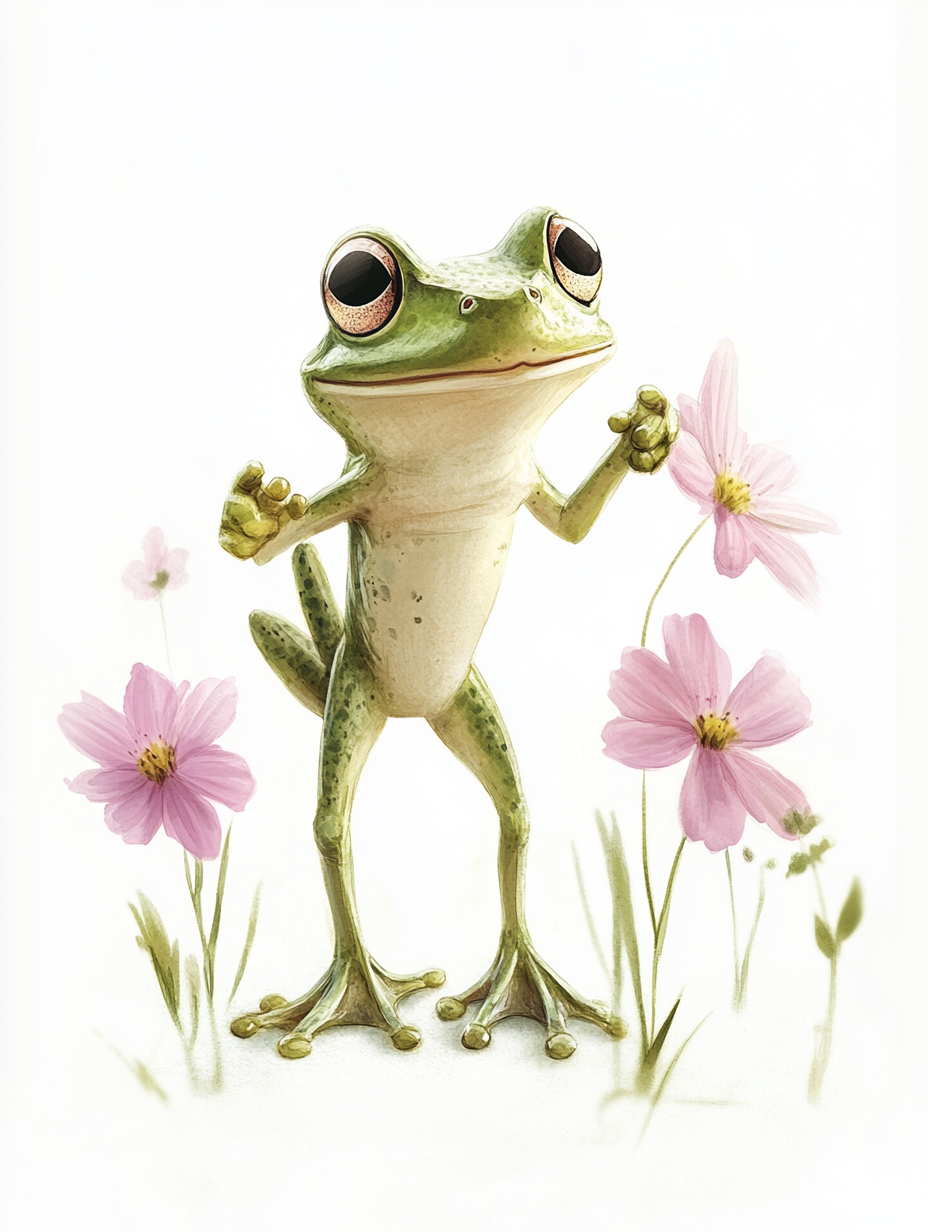 A beautiful green frog in a dreamy watercolor