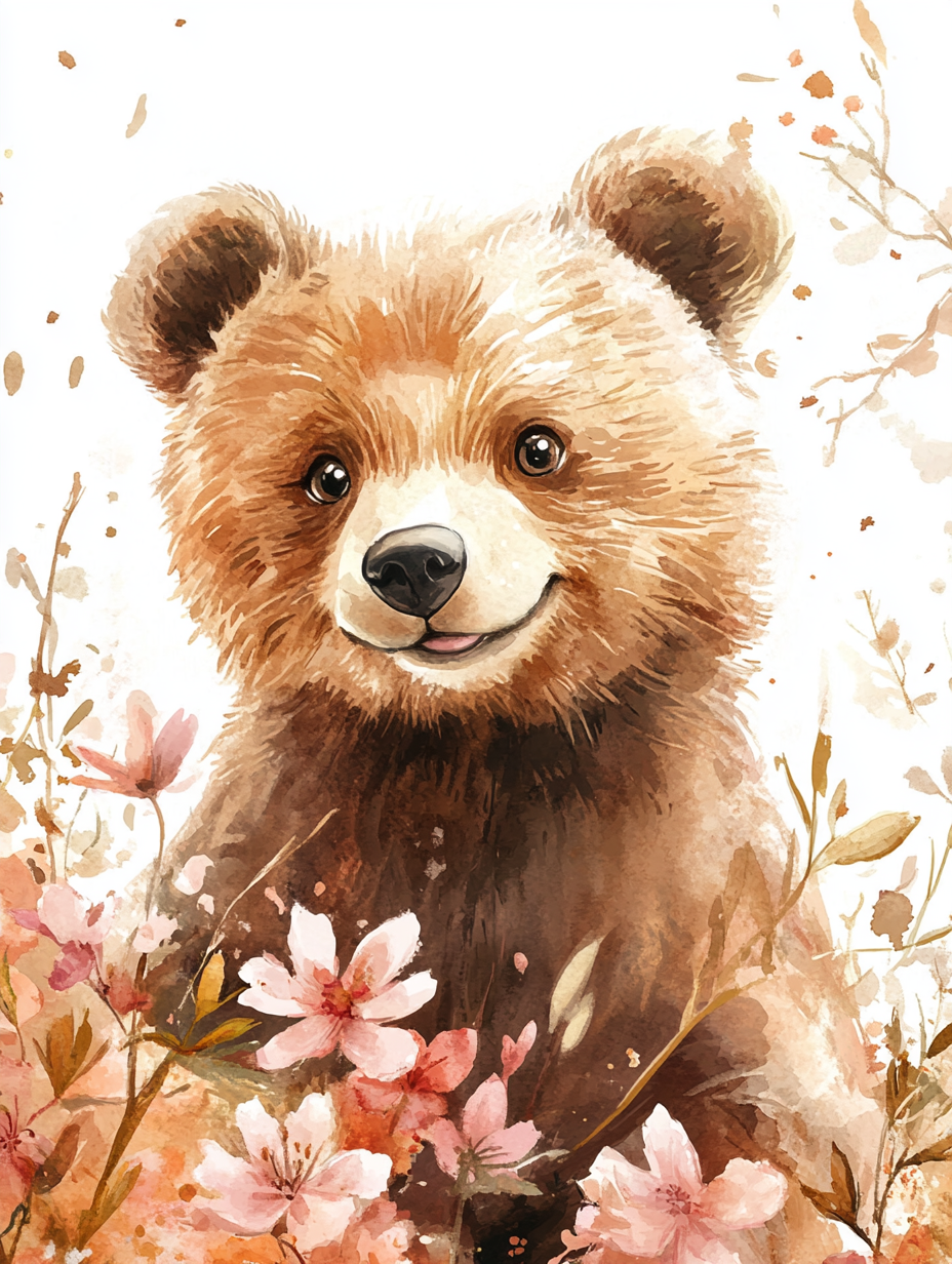 A beautiful happy brown bear in watercolor