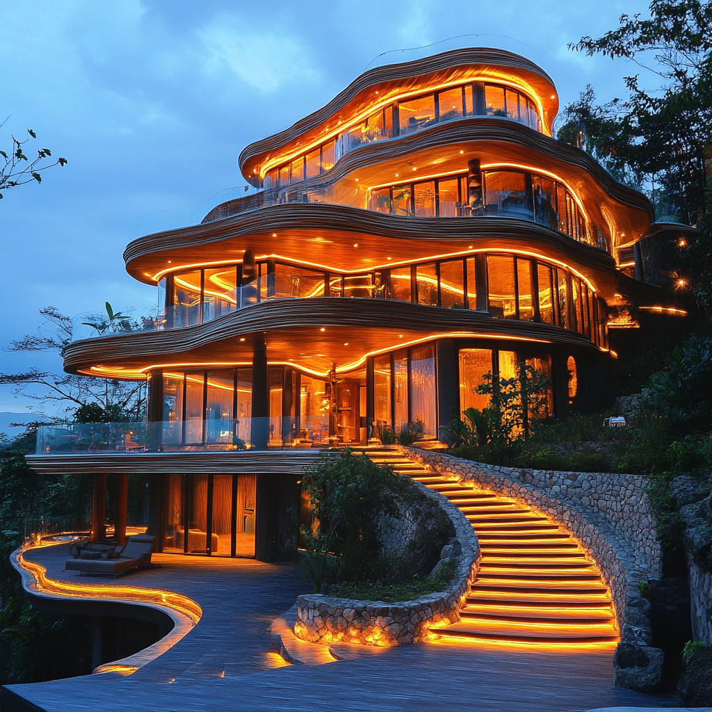 A beautiful hillside mansion with luxury lighting.