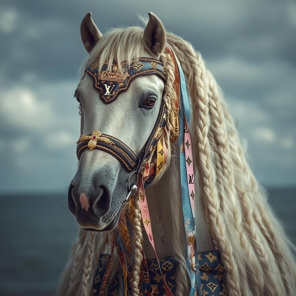 A beautiful horse with braids and Louis Vuitton logo by the sea spotlighted