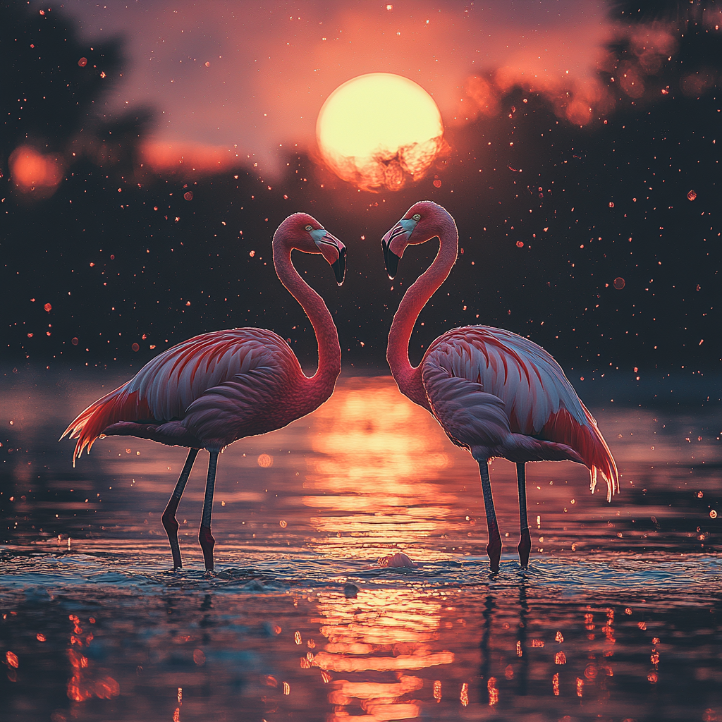 A beautiful image of flamingos under full moon.