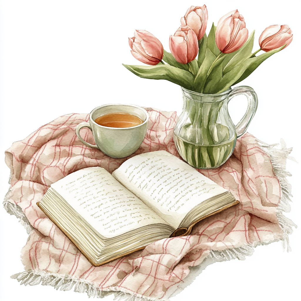 A beautiful journal book with tea and tulips.