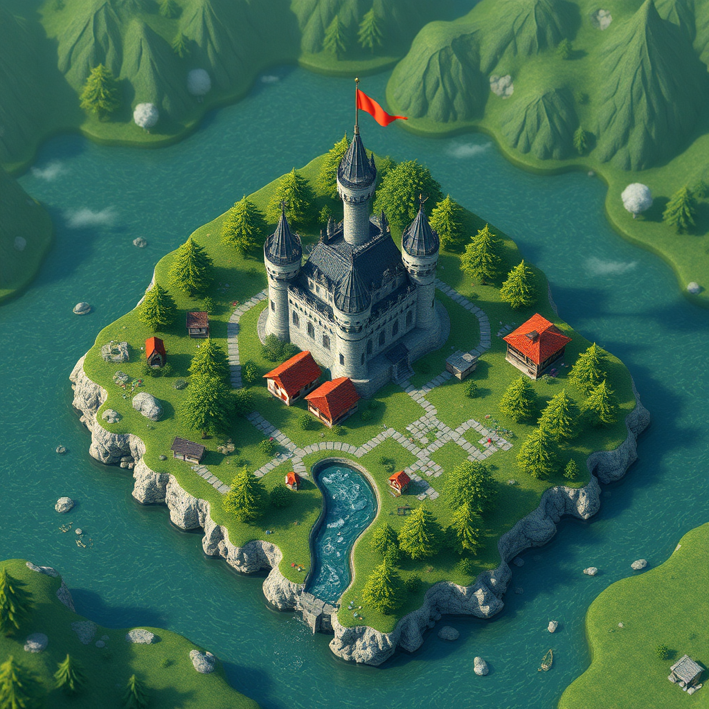 A beautiful map with water, trees, and castles.