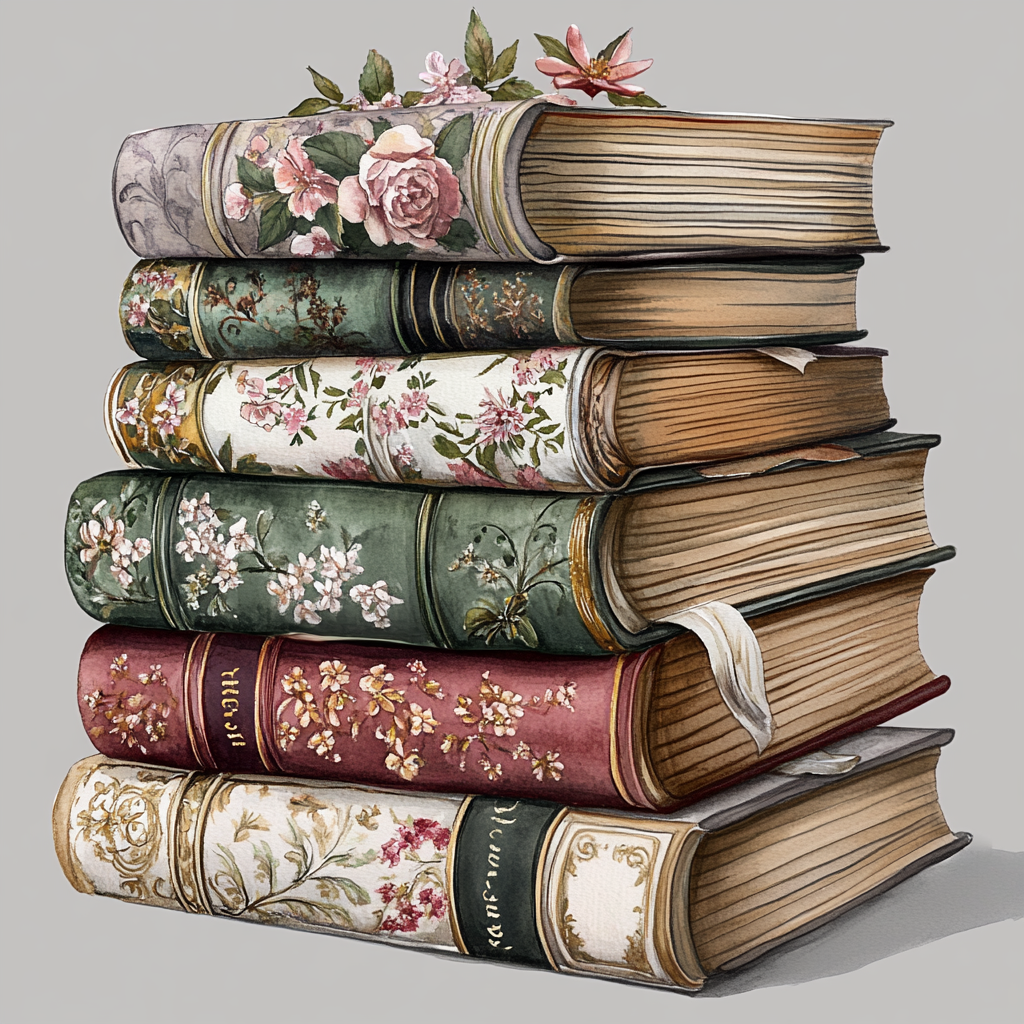 A beautiful pile of books in watercolor illustration.