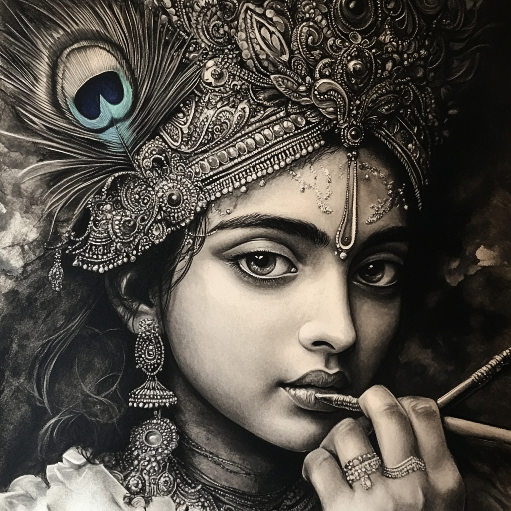 A beautiful portrait of Lord Krishna in charcoal