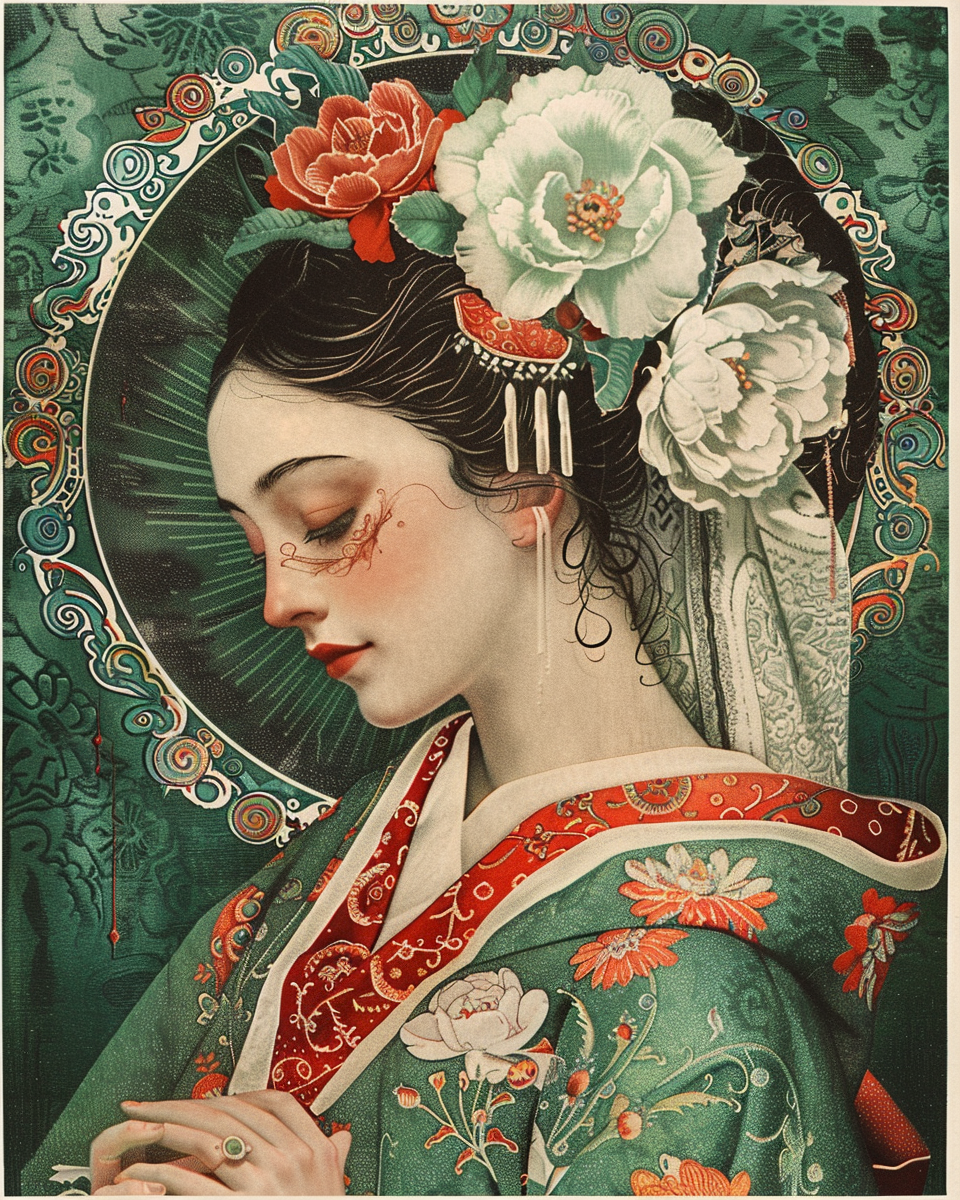 A beautiful poster of a geisha and a virgin