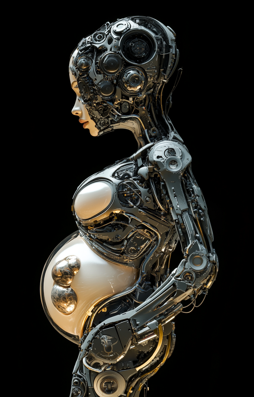 A beautiful pregnant robot woman with intricate details