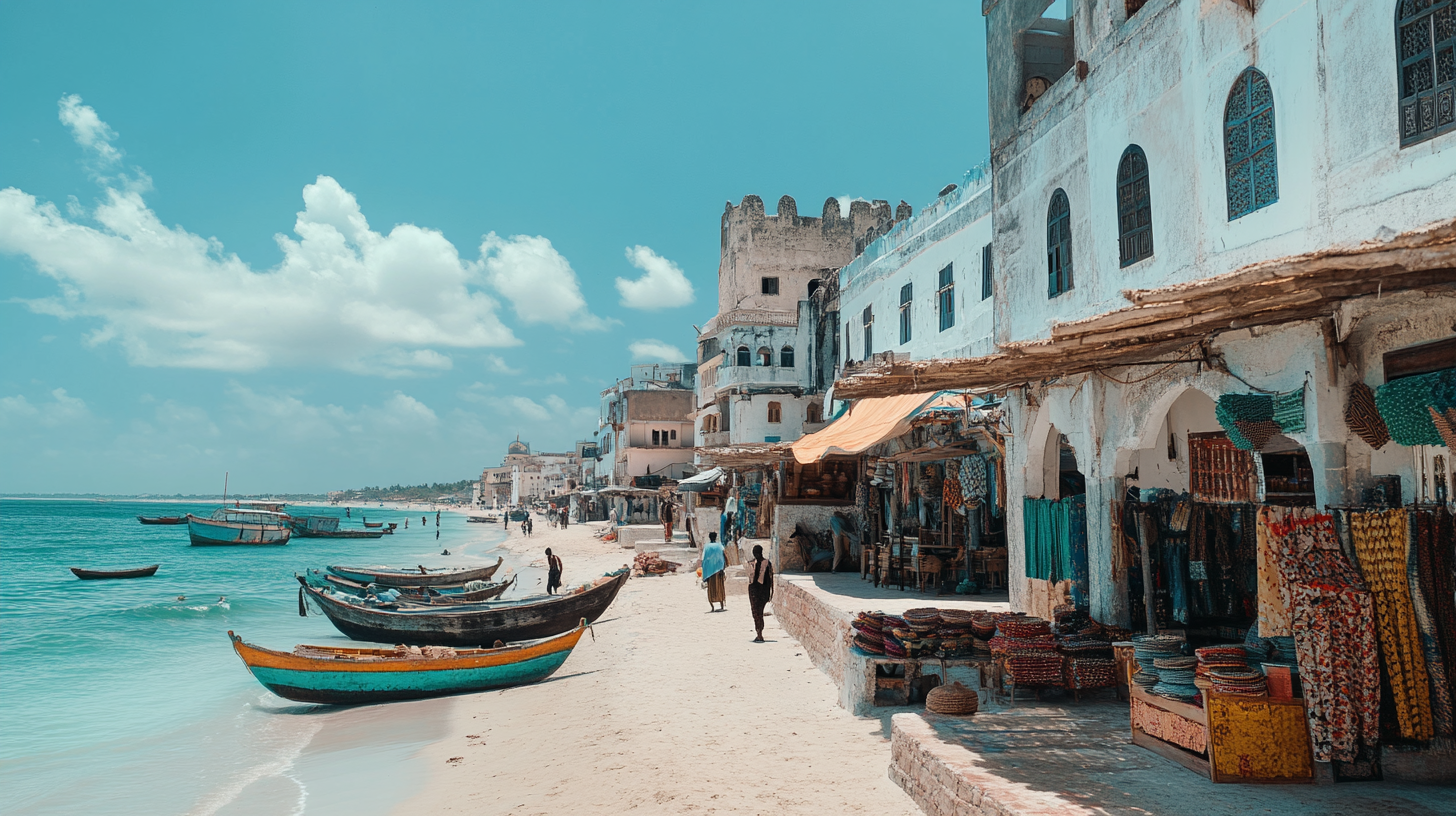 A beautiful seaside scene in Somalia with bustling markets