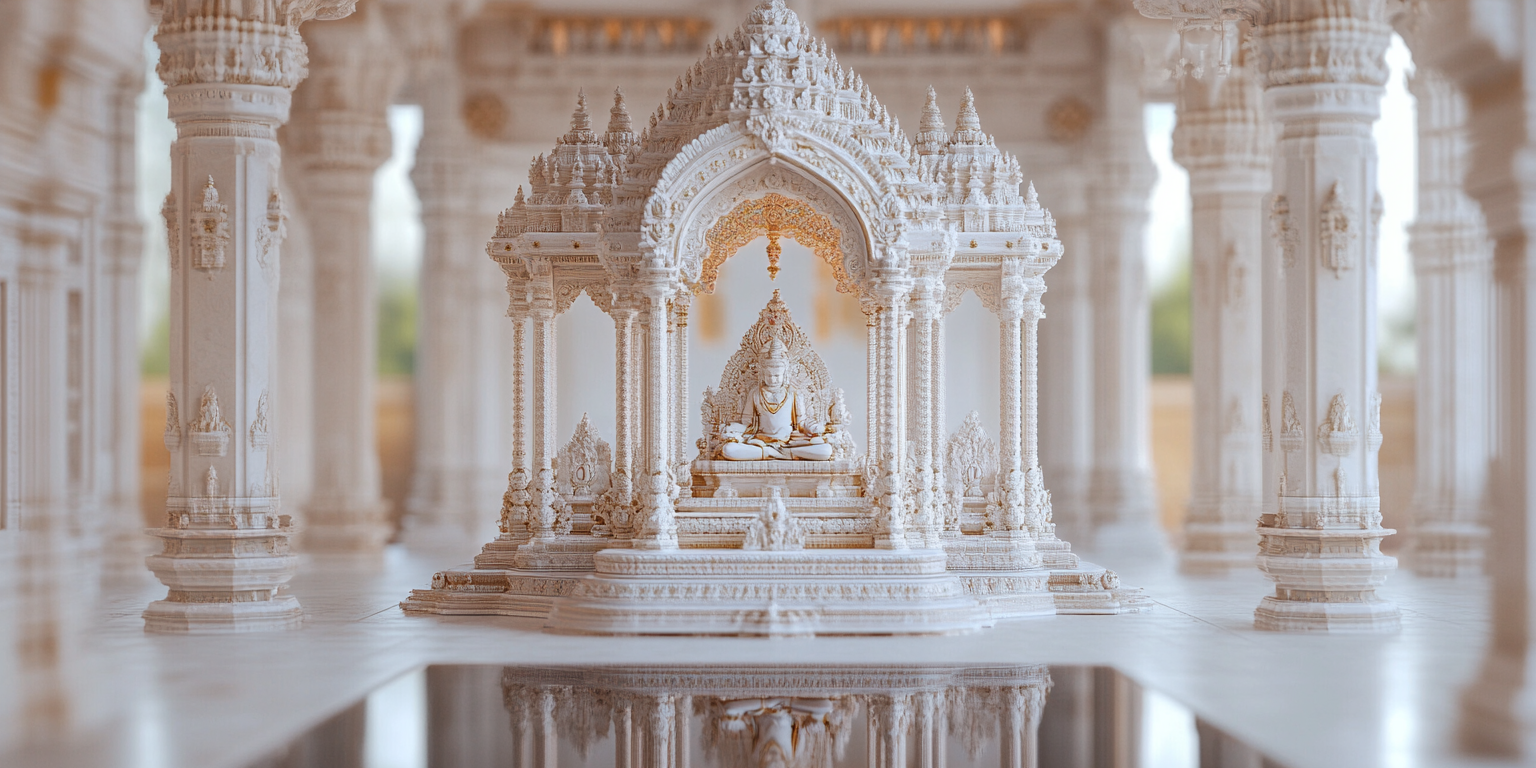 A beautiful small white temple inside a house.