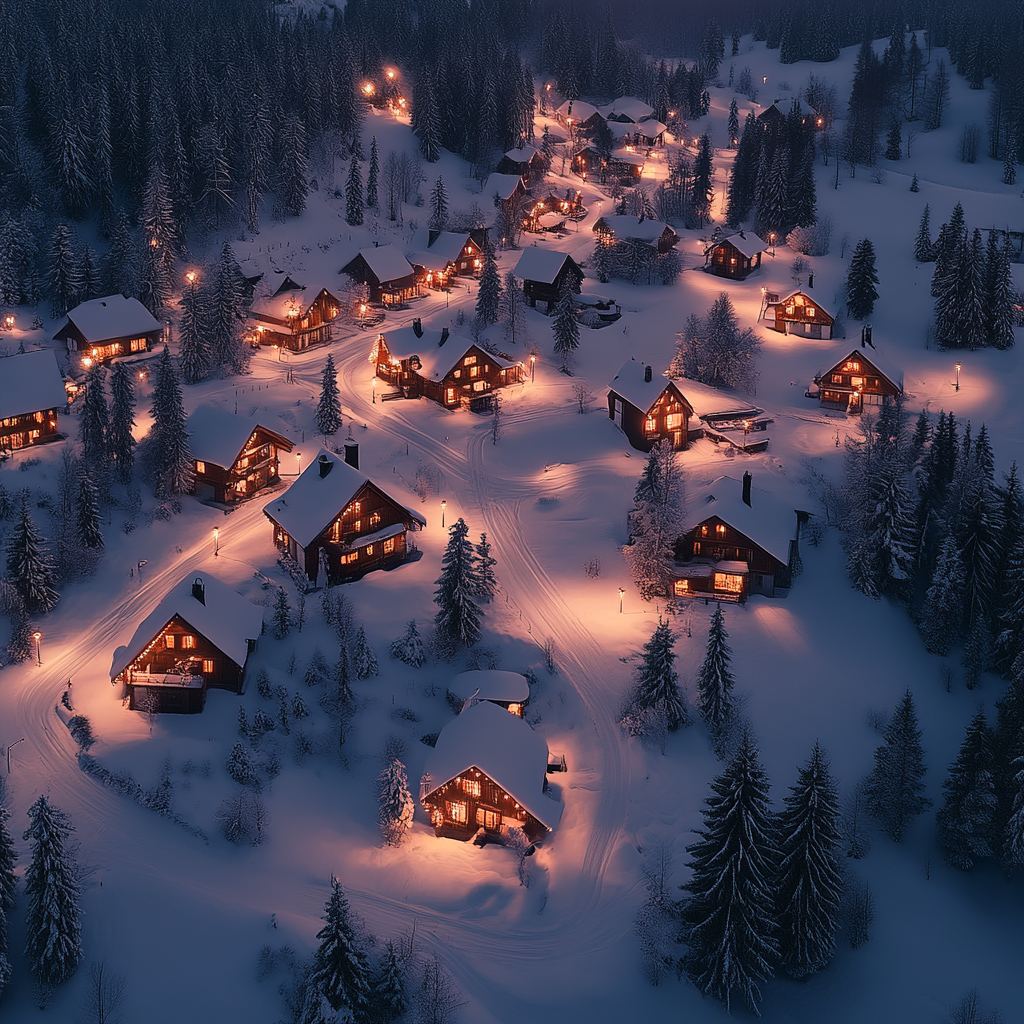 A beautiful snowy Christmas village at dusk