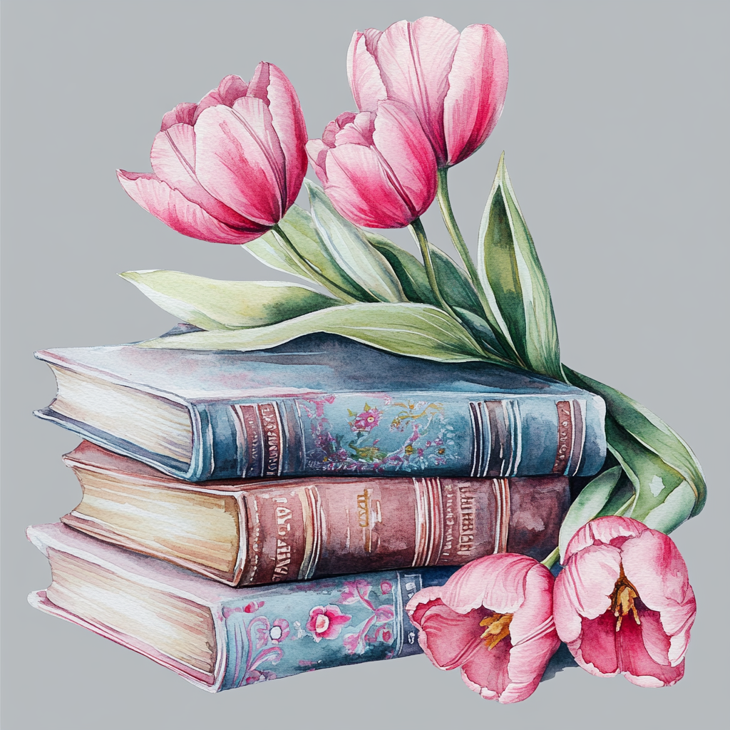 A beautiful stack of books with tulip petals