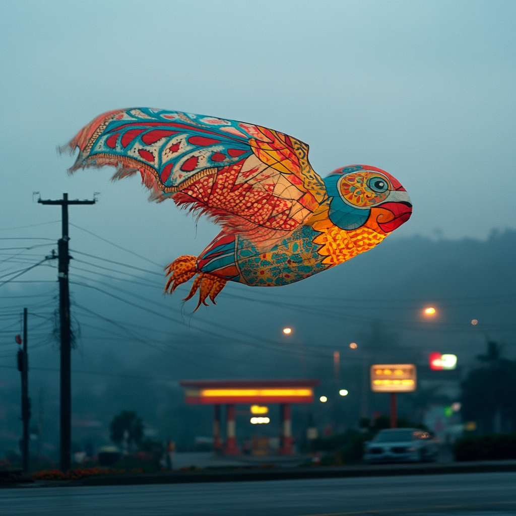 A beautiful sumpango barrilete flying over a gas station