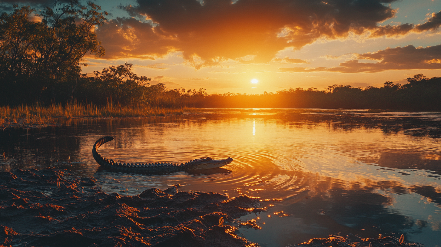 A beautiful sunrise in Kakadu presents small crocodile