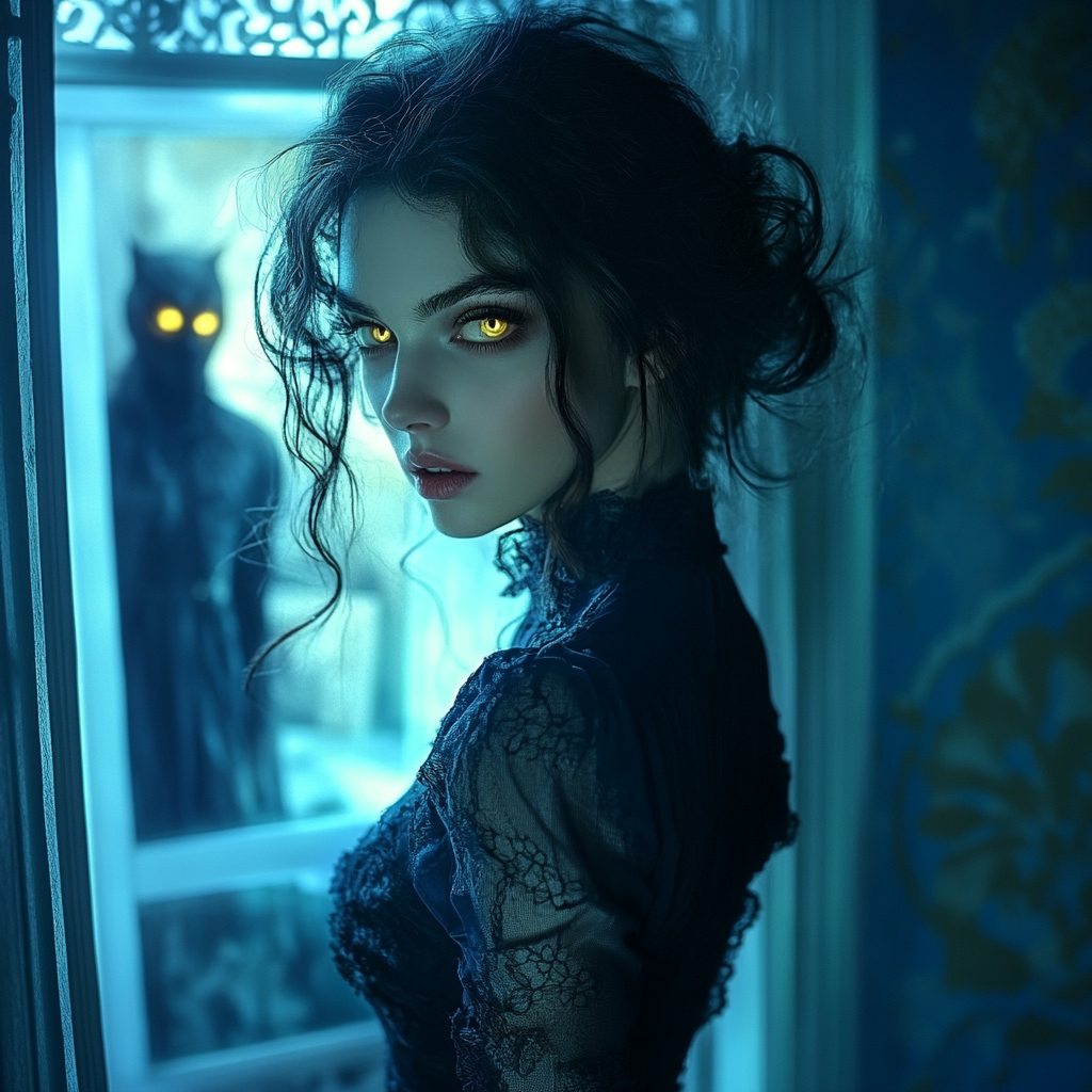 A beautiful vampire approaches through a lit window