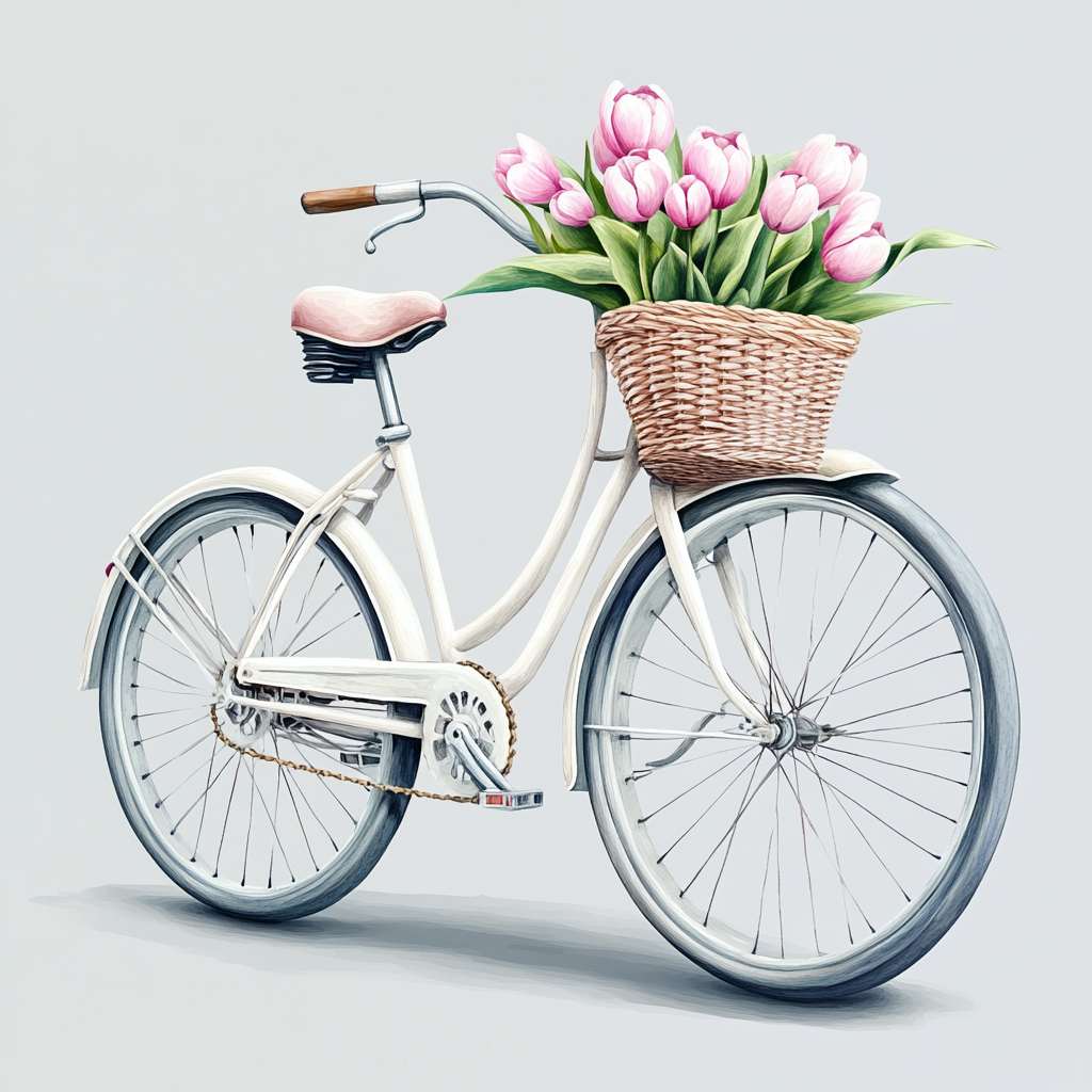 A beautiful vintage bicycle with pink tulips illustration