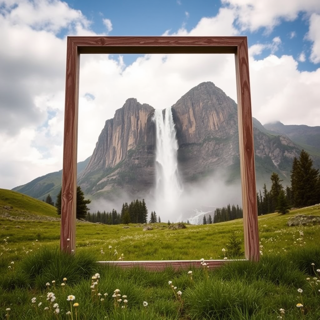 A beautiful waterfall over Islamic photo frame.