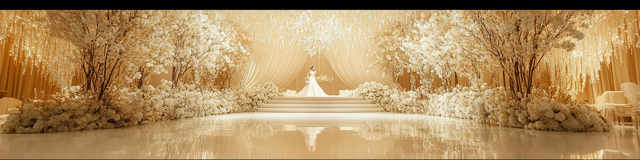 A beautiful wedding stage with flowers and curtains.