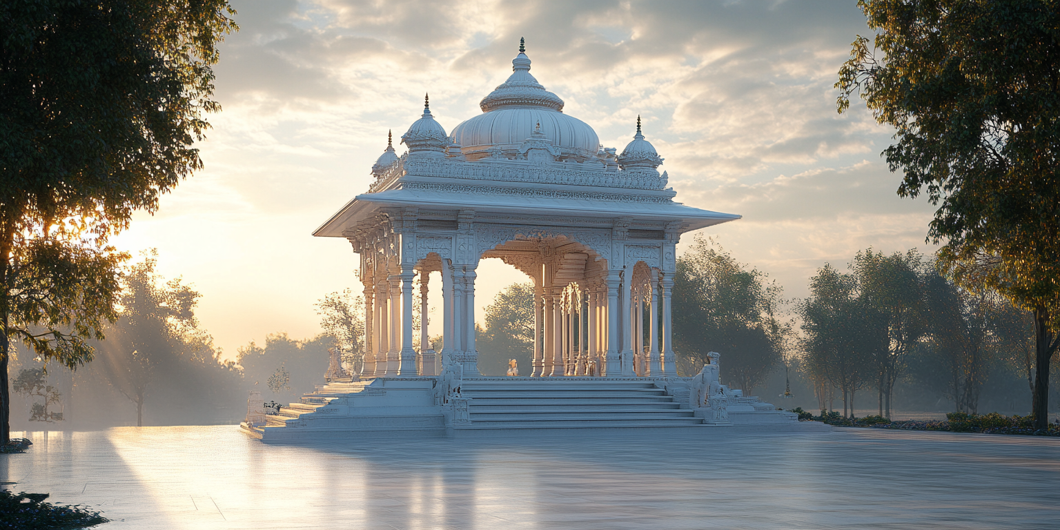 A beautiful white Indian temple under open sky.