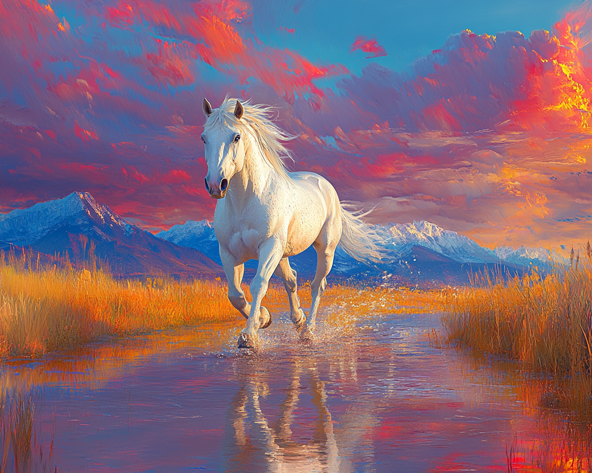 A beautiful white horse running towards you