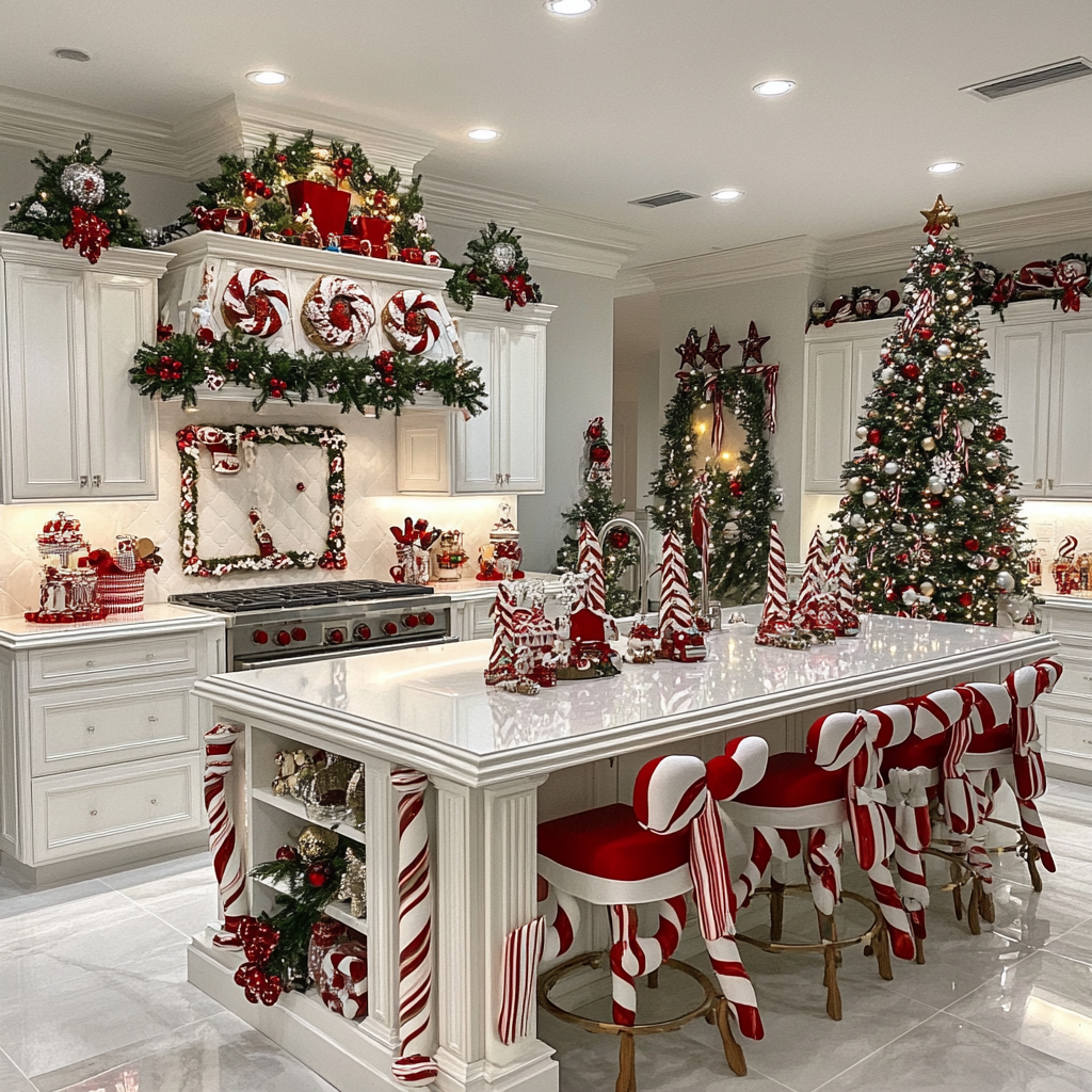 A beautiful white kitchen decorated for Christmas.