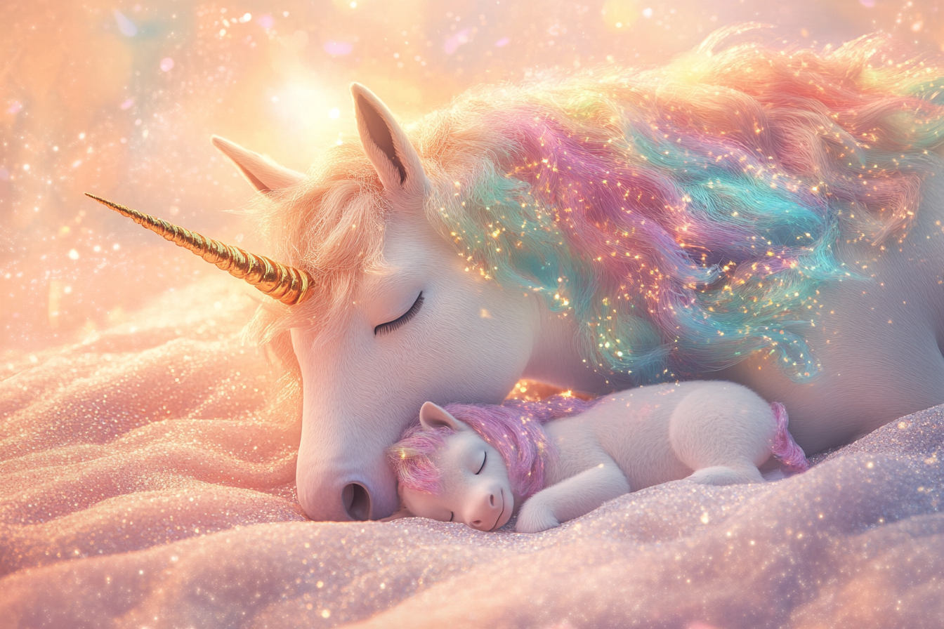 A beautiful white unicorn and baby sleeping