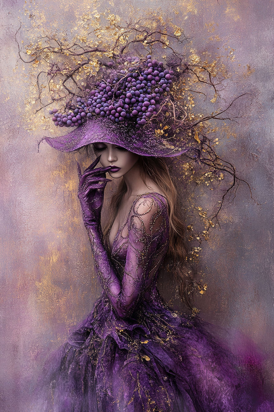 A beautiful woman in grape dress and hat