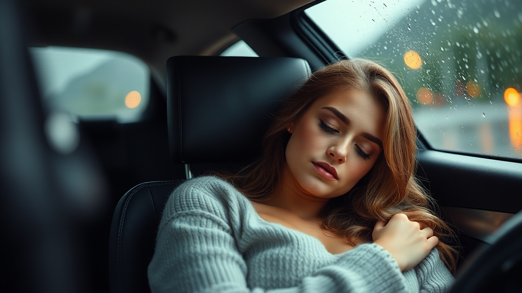 A beautiful woman sleeping in car as rain falls.