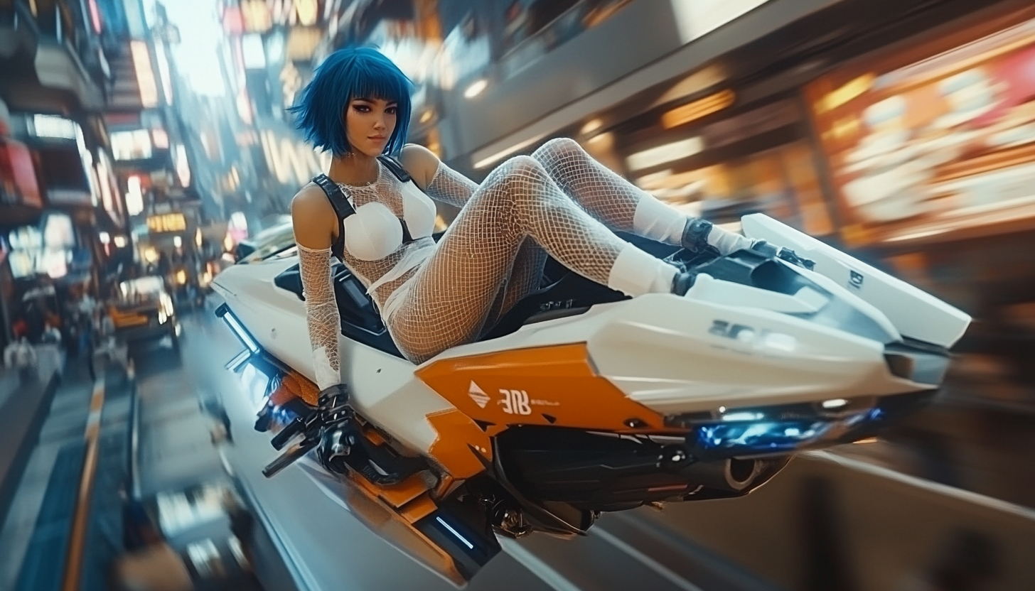 A beautiful woman with blue hair rides futuristic bike