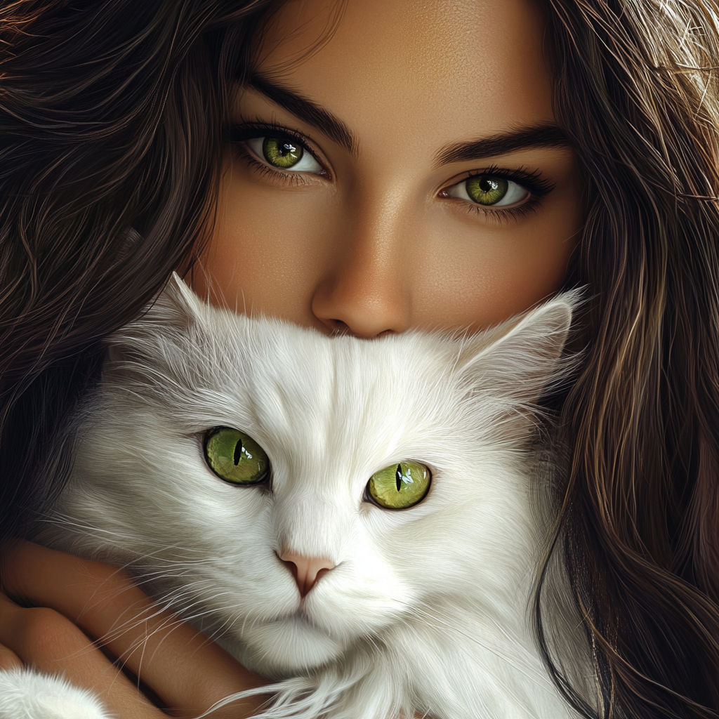 A beautiful woman with her white cat