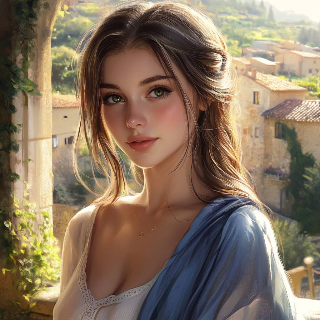 A beautiful young lady in quaint European village