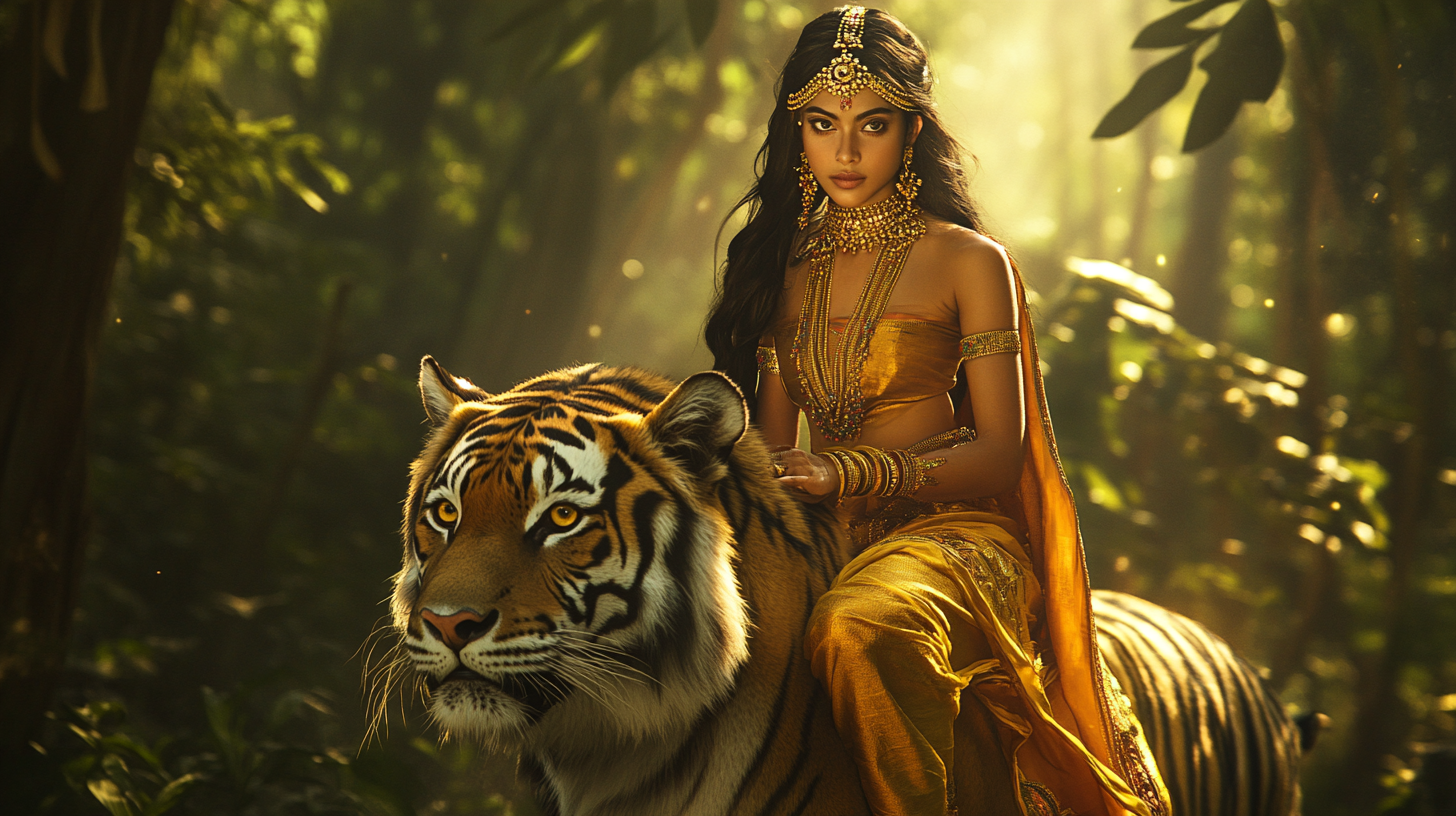 A beautiful young woman rides tiger through jungle