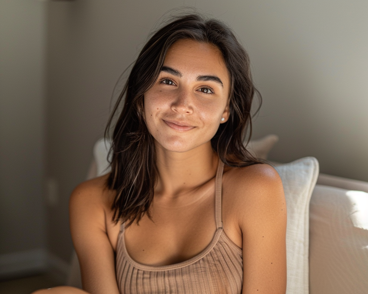 A beautiful young woman smiling in bedside chair.