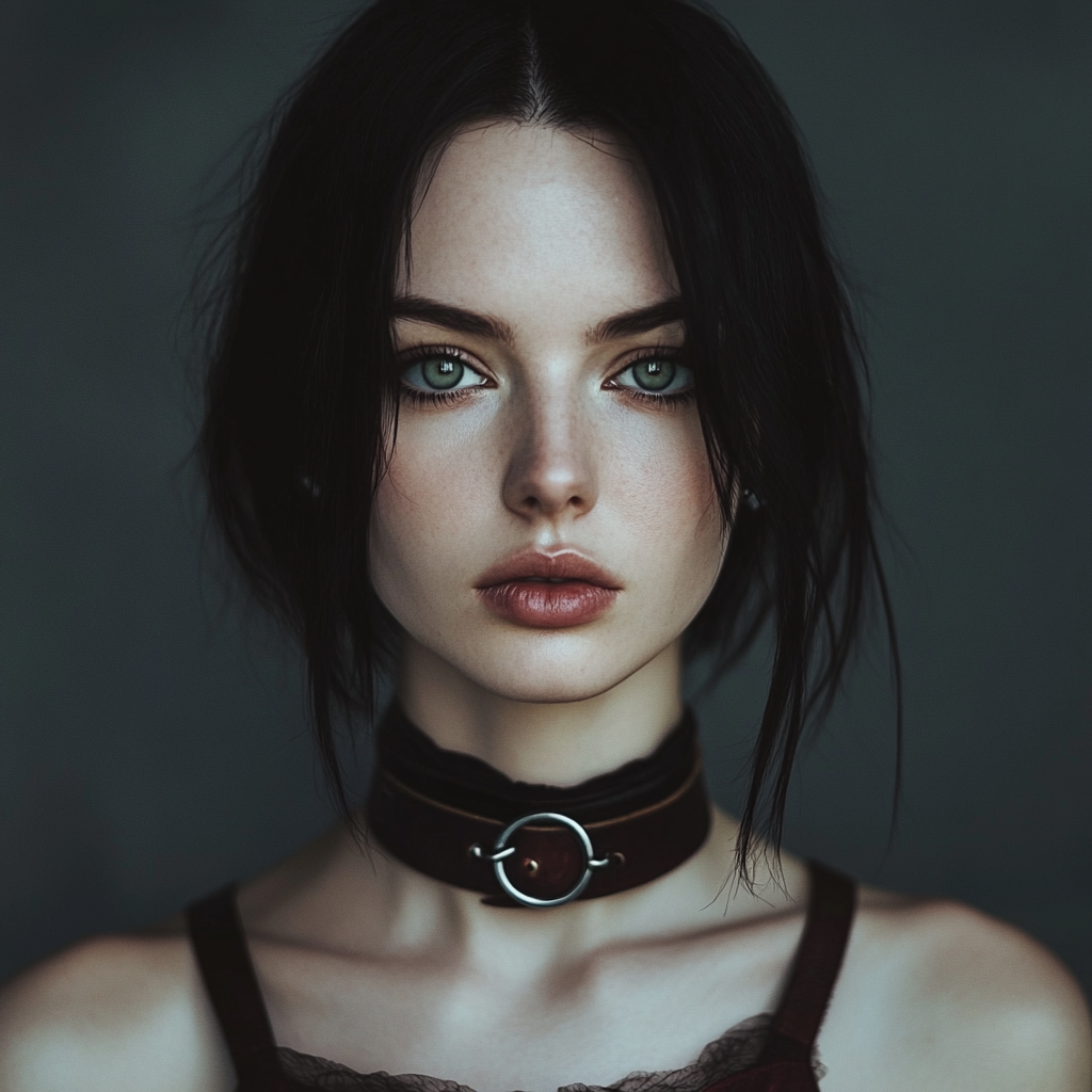 A beautiful young woman with black hair and green eyes