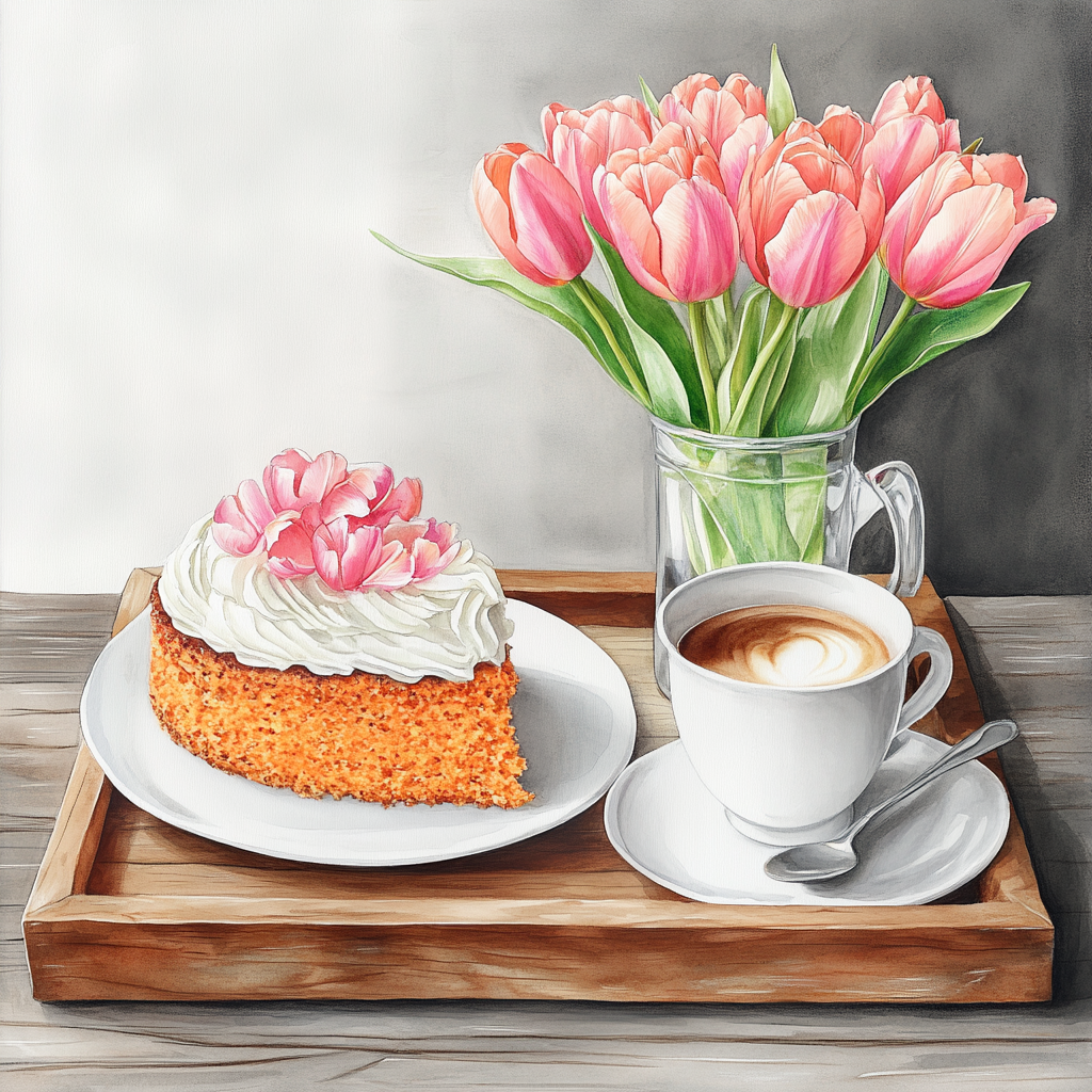 A beautifully decorated carrot cake with coffee.