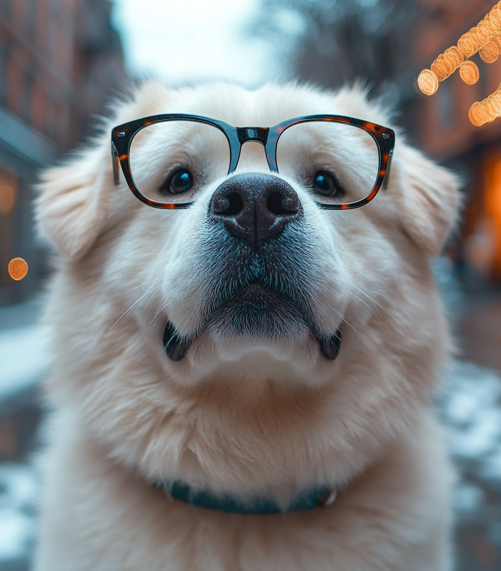 A big Alabai Dog in glasses on street.