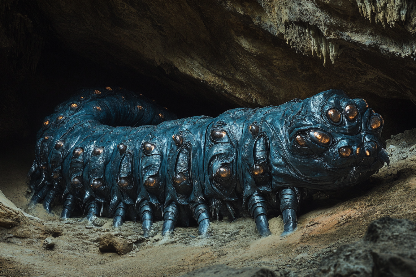 A big blue caterpillar monster on cave roof.