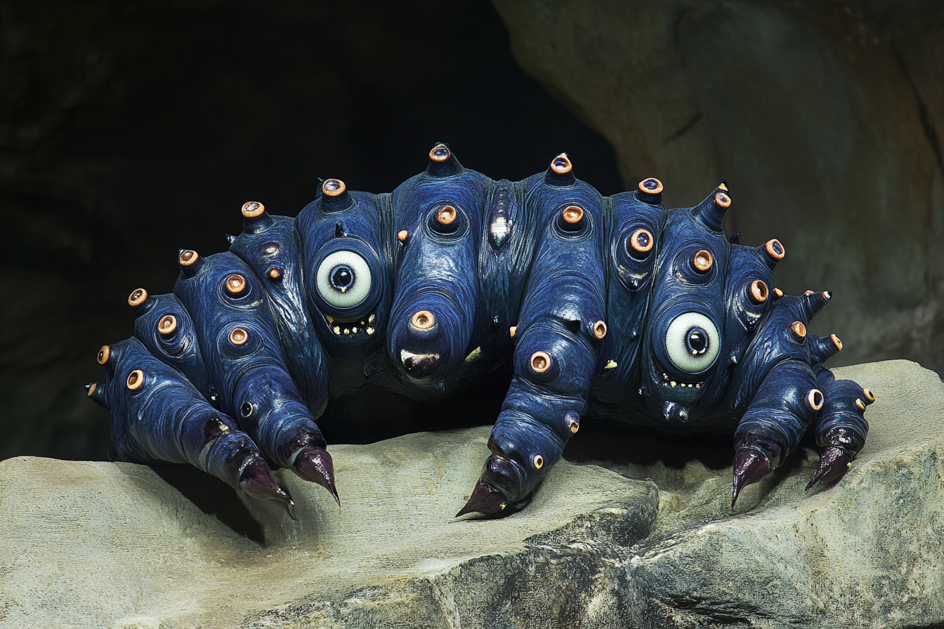 A big blue caterpillar monster with lots of eyes.