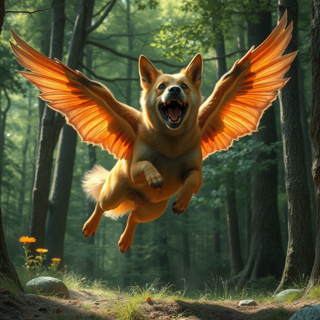 A big flying dog in the forest.