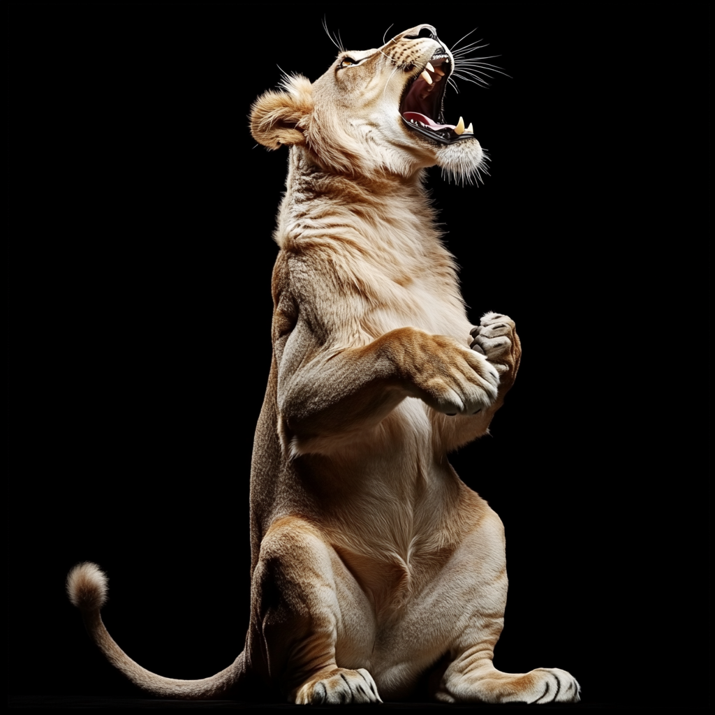 A big male lion standing on hind legs